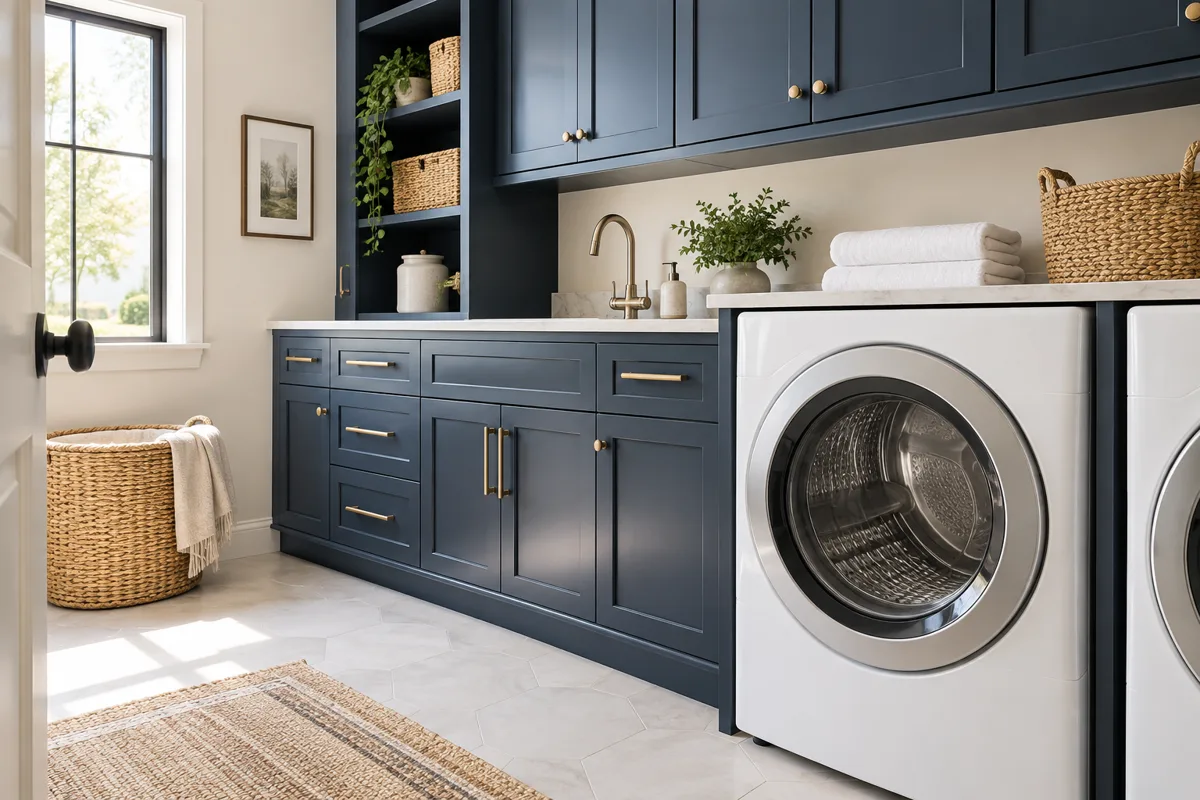 Bright laundry room with a front-loading dryer and navy cabinetry